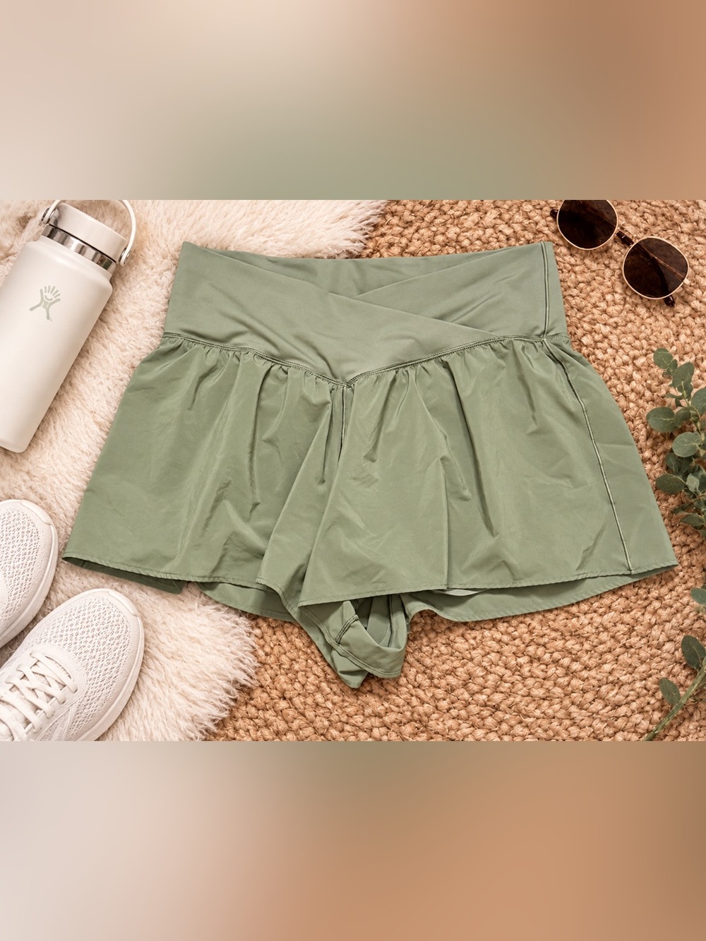 Aerie OFFLINE Olive Green High Waisted Crossover Flowy Shorts